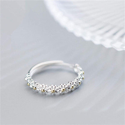 Bague réglable en argent et émail peint à la main avec marguerite 