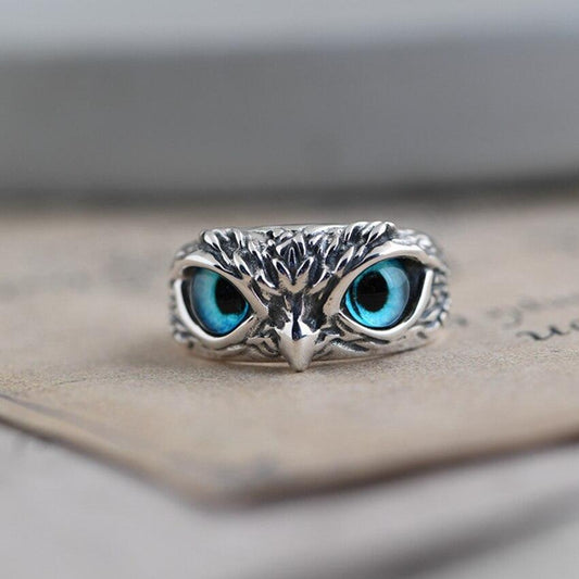 Bague ajustable Hibou porte-bonheur en argent et opale 