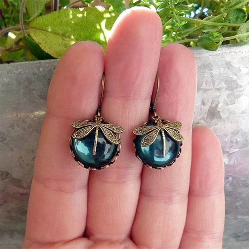 Boucles d'oreilles libellule sphérique en or antique