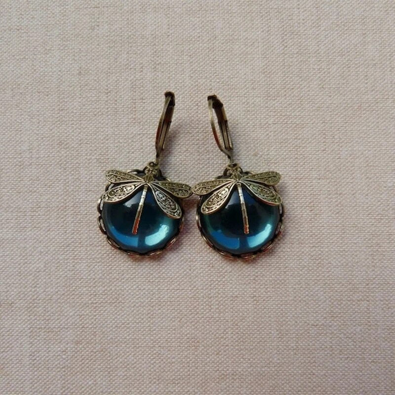 Boucles d'oreilles libellule sphérique en or antique