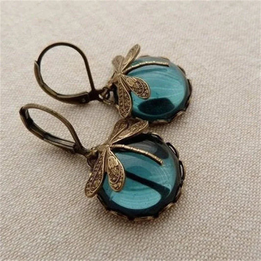 Boucles d'oreilles libellule sphérique en or antique