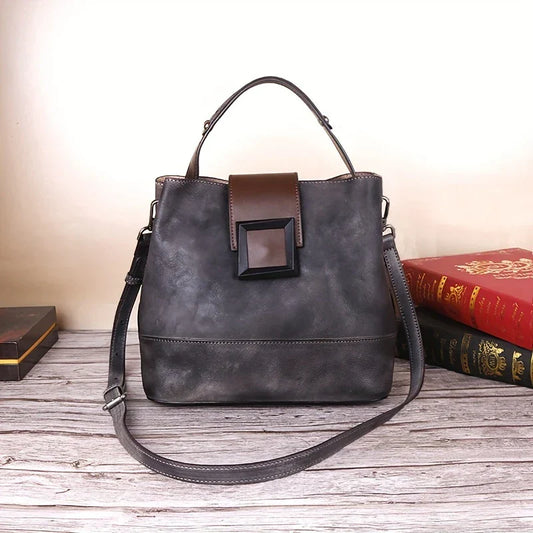 Sac à bandoulière en cuir véritable de couleur unie de style vintage